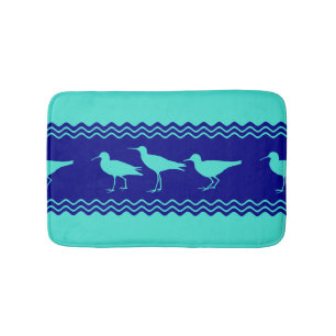 Coastal Turquoise Blue Sandpiper Birds Pattern Bath Mat
