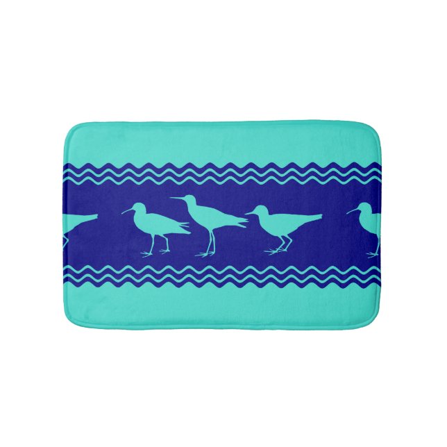 Coastal Turquoise Blue Sandpiper Birds Pattern Bath Mat (Front)