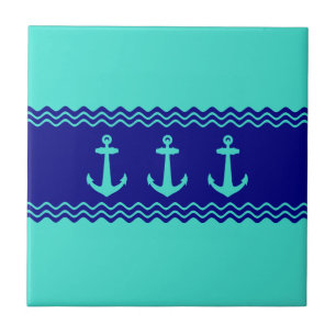 Coastal Turquoise Blue Stripe Anchor Nautical Tile