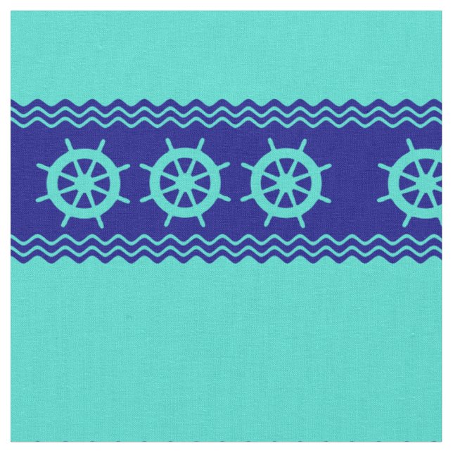 Coastal Turquoise Blue Stripe Helm Nautical Fabric (Close Up)