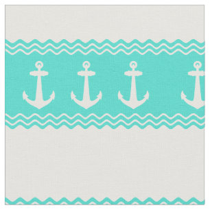 Coastal Turquoise Stripe Anchor Nautical Fabric