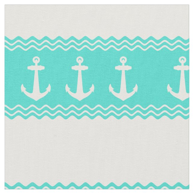 Coastal Turquoise Stripe Anchor Nautical Fabric (Close Up)