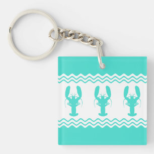 Coastal Turquoise White Lobster Stripe Key Ring