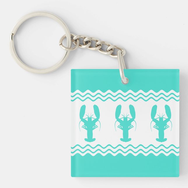 Coastal Turquoise White Lobster Stripe Key Ring (Front)