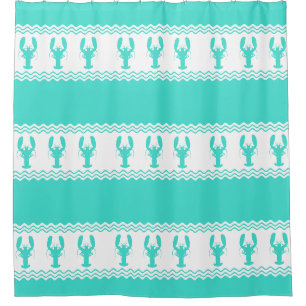Coastal Turquoise White Lobster Stripe Shower Curtain