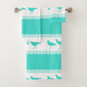 Coastal Turquoise White Sandpiper Birds Pattern Bath Towel Set