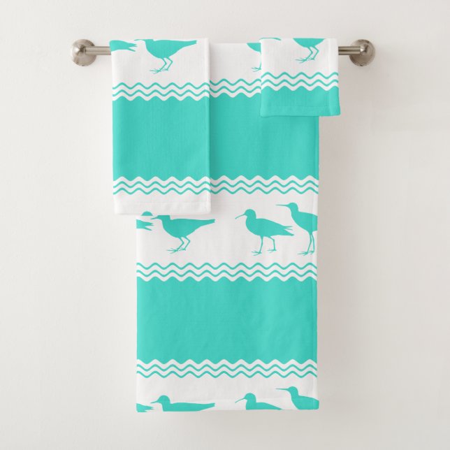 Coastal Turquoise White Sandpiper Birds Pattern Bath Towel Set (Insitu)