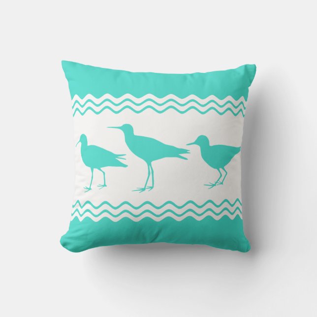 Coastal Turquoise White Sandpiper Birds Pattern Cushion (Front)
