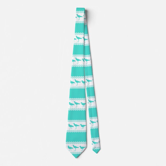 Coastal Turquoise White Sandpiper Birds Pattern Tie (Front)