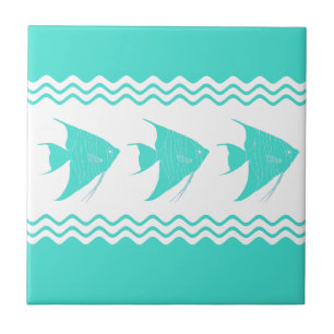 Coastal Turquoise White Stripe Angelfish Pattern Tile