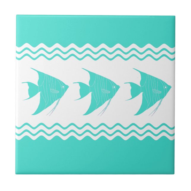Coastal Turquoise White Stripe Angelfish Pattern Tile (Front)