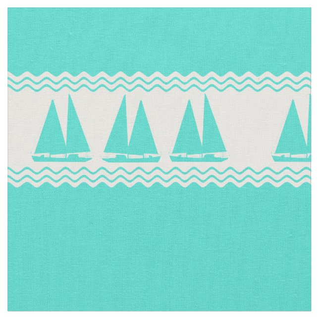 Coastal Turquoise White Stripe Sailboat Pattern Fabric (Close Up)