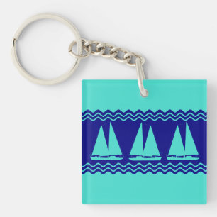 Coastal Turquoise White Stripe Sailboat Pattern Key Ring