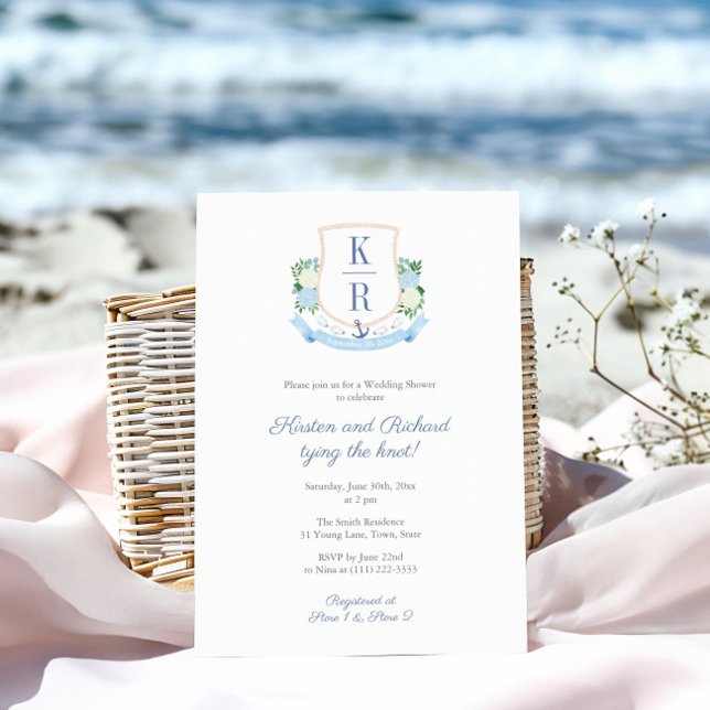 Coastal Tying the Knot Couples Wedding Shower Invitation (Elegant coastal monogram couples wedding shower invitation)