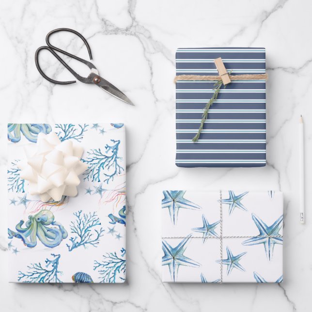 Coastal Under The Sea Watercolor Wrapping Paper Sheet (Front)