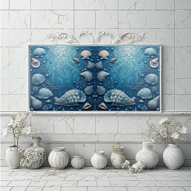 Coastal Underwater Seashell Fish Ocean Bubble Blue Tile (Coastal Underwater Seashell Fish Ocean Bubble Blue Ceramic Tile)