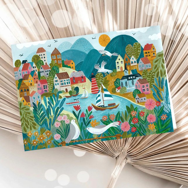 Coastal Village Harbor Scenic Illustration  Card (Coastal Village Harbor Scenic Illustration Card)