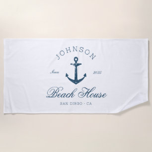 Coastal Vintage Beach House Anchor Navy Blue Towel