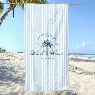 Coastal Vintage Beach House Palm Tree Blue Stripes Towel