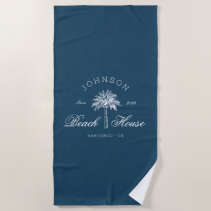 Coastal Vintage Beach House Palm Tree Navy Blue Towel