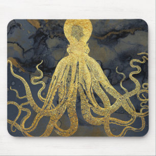 Coastal Vintage Gold Black Octopus Ink Watercolor Mouse Mat