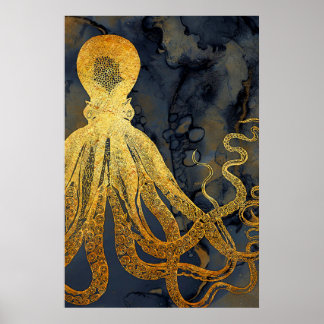 Coastal Vintage Gold Blue Black Octopus Watercolor Poster
