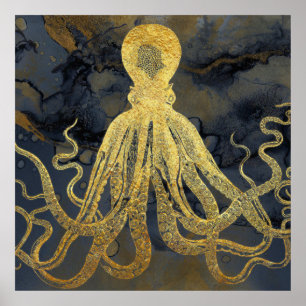 Coastal Vintage Gold Blue Black Octopus Watercolor Poster