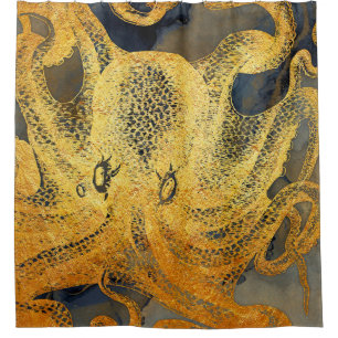 Coastal Vintage Gold Blue Black Octopus Watercolor Shower Curtain