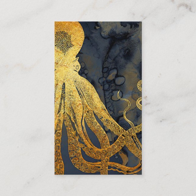 Coastal Vintage Octopus Gold Black Blue Watercolor Business Card (Front)
