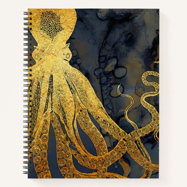Coastal Vintage Octopus Gold Black Blue Watercolor Notebook (Front)