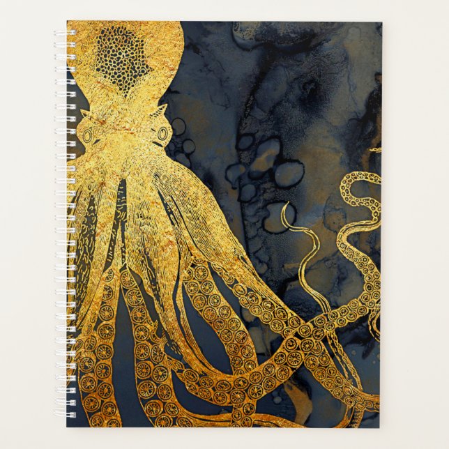 Coastal Vintage Octopus Gold Black Blue Watercolor Planner (Front)
