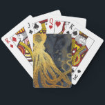 Coastal Vintage Octopus Gold Black Blue Watercolor Playing Cards<br><div class="desc">Mixed media ink painting in shades of black, charcoal grey, and midnight blue with soft textured gold, layered like gemstone rocks collaged with retro vintage octopus illustration in metallic antiqued gold. Personalise with your own custom inspirational quote, motivational message, saying, lyrics, monogram, or names! You can also transfer our ocean...</div>