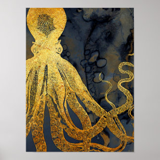 Coastal Vintage Octopus Gold Black Blue Watercolor Poster