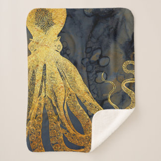 Coastal Vintage Octopus Gold Black Blue Watercolor Sherpa Blanket