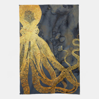 Coastal Vintage Octopus Gold Black Blue Watercolor Tea Towel