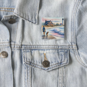 Coastal Walk to Lighthouse at Sunset 15 Cm Square Badge