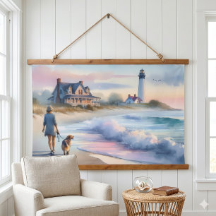 Coastal Walk to Lighthouse at Sunset Hanging Tapestry
