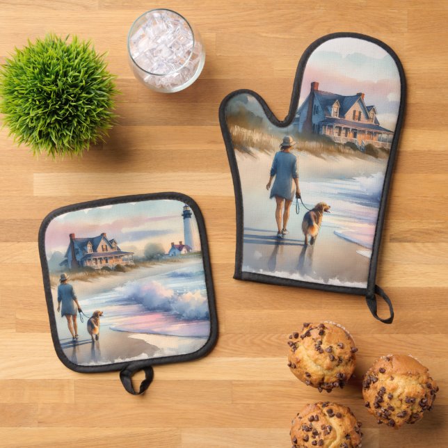 Coastal Walk to Lighthouse at Sunset Oven Mitt & Pot Holder Set (Top Down)