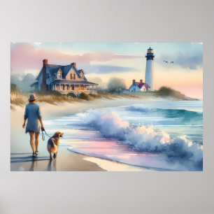 Coastal Walk to Lighthouse at Sunset Poster