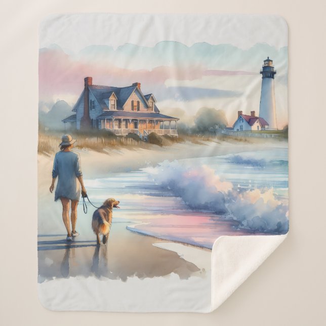 Coastal Walk to Lighthouse at Sunset Sherpa Blanket (Front)