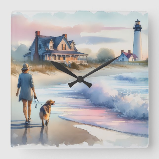 Coastal Walk to Lighthouse at Sunset Square Wall Clock (Front)
