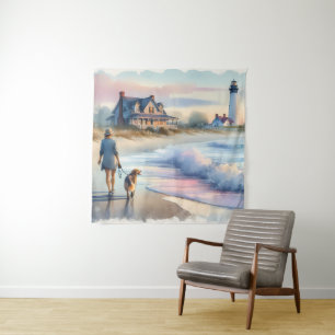 Coastal Walk to Lighthouse at Sunset Tapestry