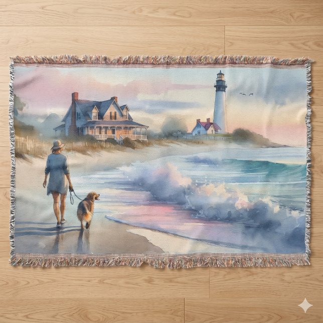 Coastal Walk to Lighthouse at Sunset Throw Blanket (Coastal Walk to Lighthouse at Sunset Throw Blanket)