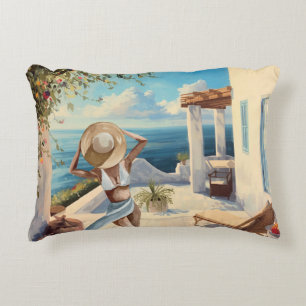 Coastal Wall Art Mediterranean Woman Seaside Decorative Cushion