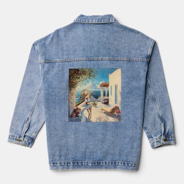 Coastal Wall Art | Mediterranean Woman Seaside Denim Jacket (Back)