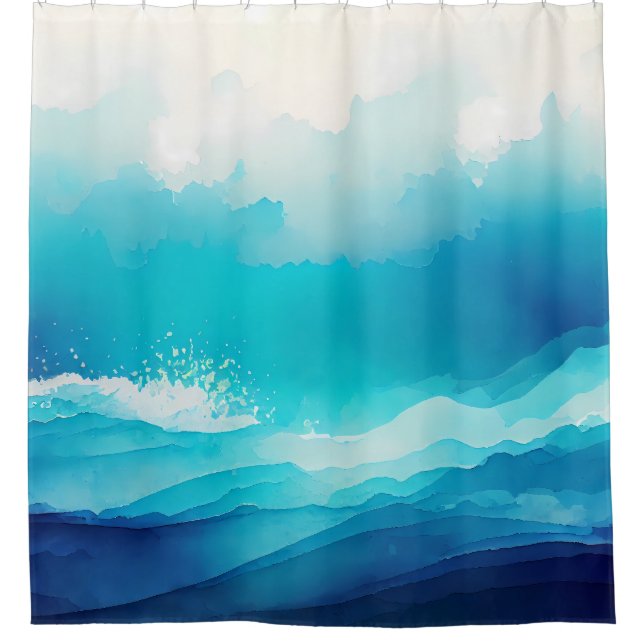 Coastal Watercolor Blue Sea Ombre  Shower Curtain (Front)