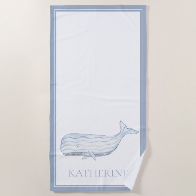 Coastal Watercolor Blue Whale Personalised Beach Towel (Front)