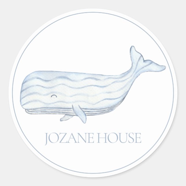 Coastal Watercolor Blue Whale Personalised Classic Round Sticker (Front)