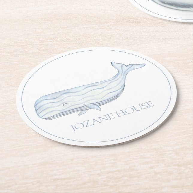 Coastal Watercolor Blue Whale Personalised Round Paper Coaster (Angled)