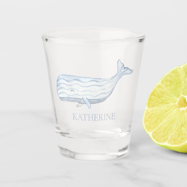 Coastal Watercolor Blue Whale Personalised Shot Glass (Front)